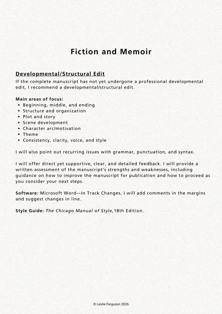 Overview of developmental editing services, including analysis of plot, structure, character arcs, pacing, and narrative consistency, with actionable recommendations for revision.